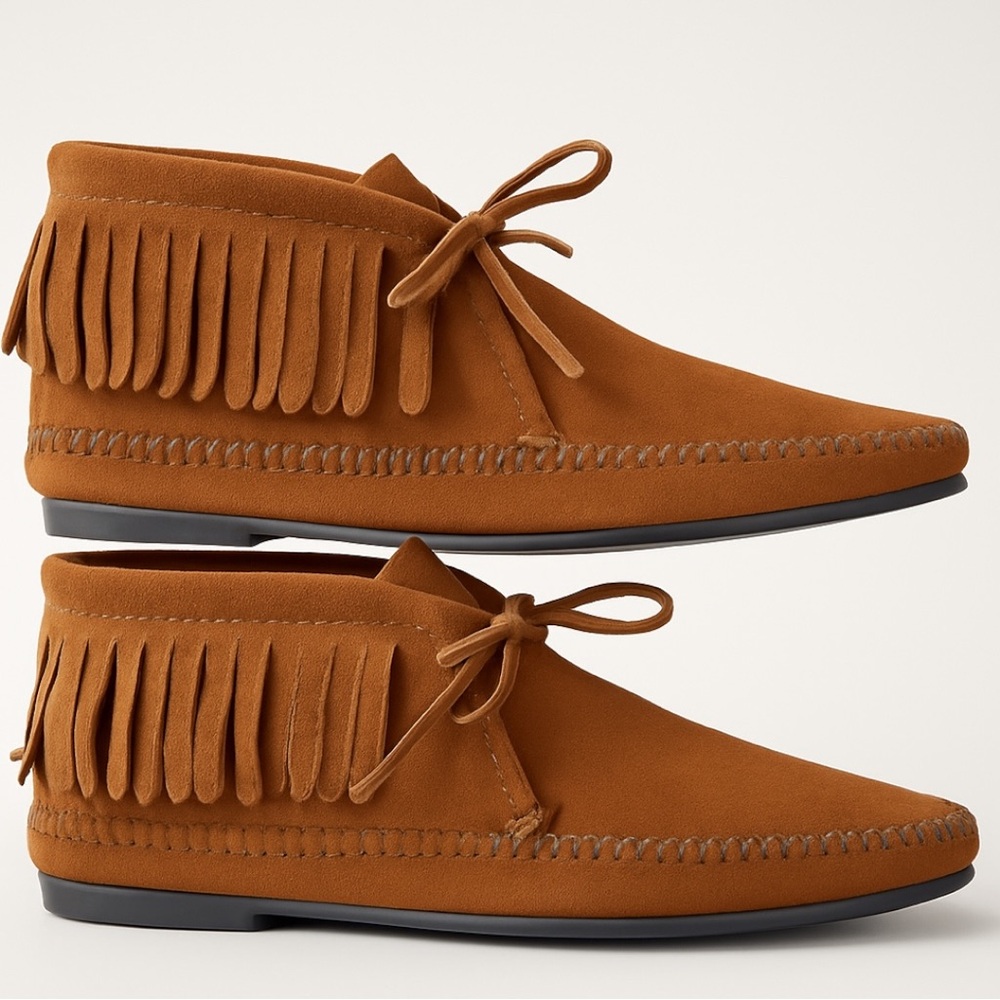 Minnetonka Chestnut Suede Fringe Moccasin Ankle Boots - Picture 4 of 8